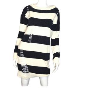 Trendy Threads Striped Sweater Dress Size Medium Black Cream Distressed